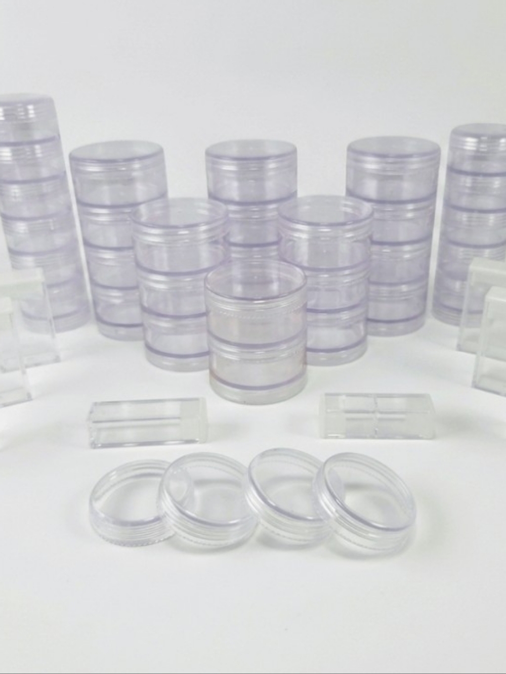 Clear Craft & Jewelry Organizer Lot,  Stackable Jars & Cases w/ Lids
